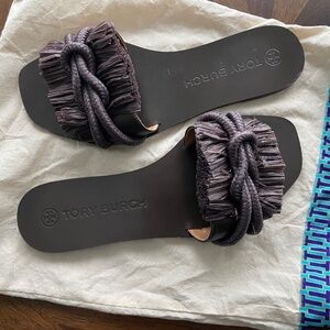 TORY BURCH Raffia Braided Accent Slides, Brown Sz 9